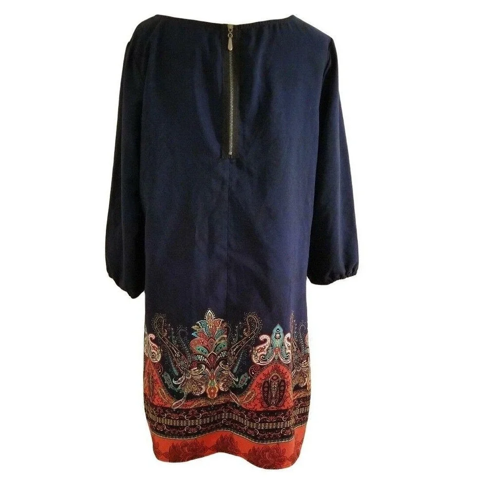 Bebop Women's Navy Blue/Multicolor 3/4 Sleeve Paisley Print Shift Dress Sz Large